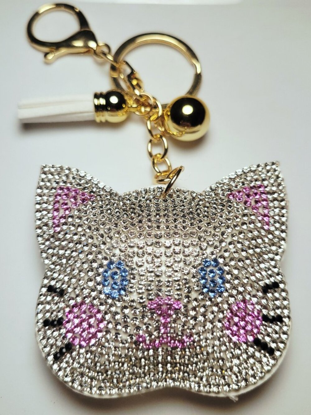 NWT Large White Pink And Silver Sparkle Blue Eyed Cat Keychain, Bag Charm SDS